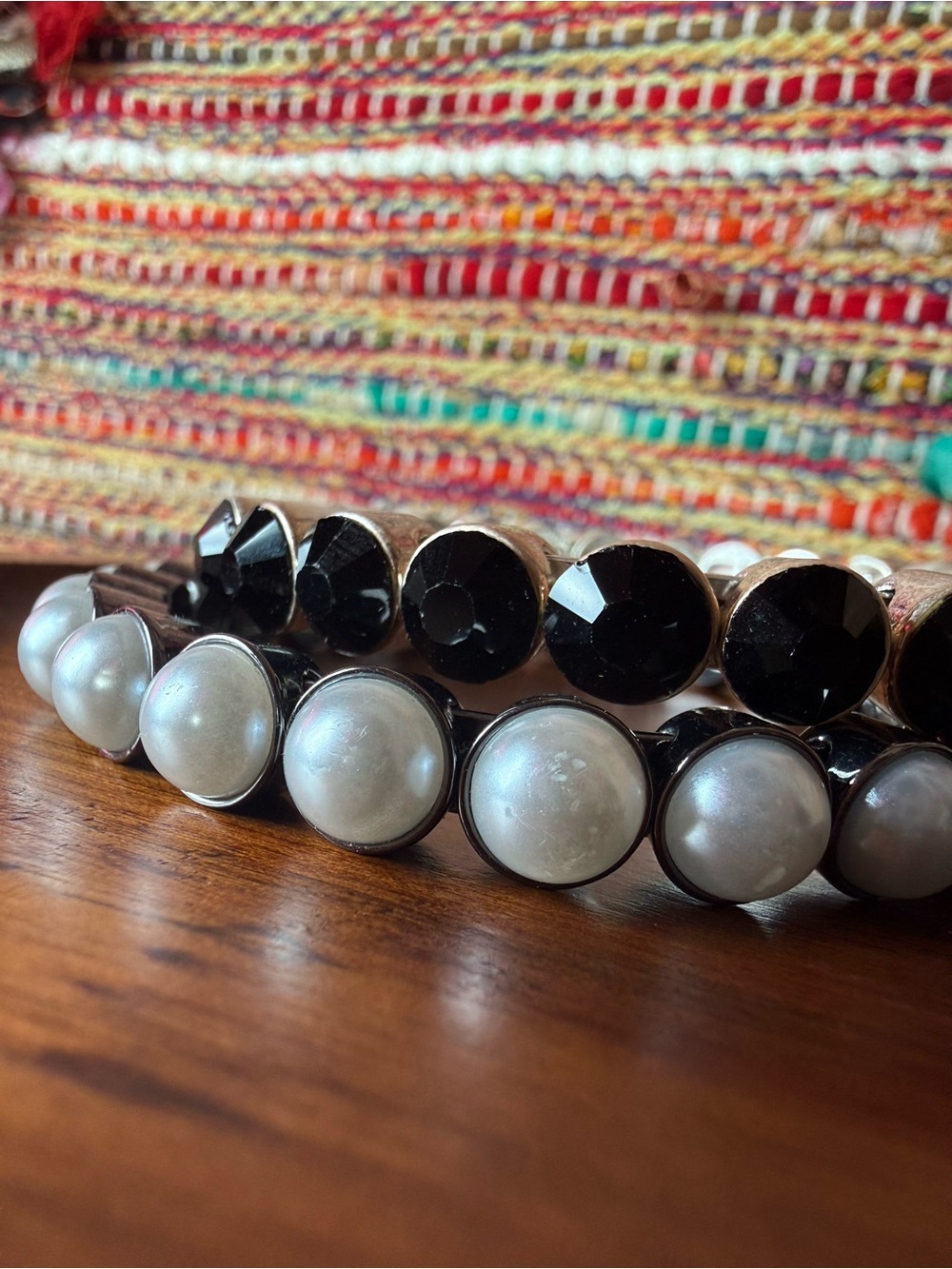 Black Rhinestone & White Pearl Cluster Bracelets Magnetic Closure Plunder